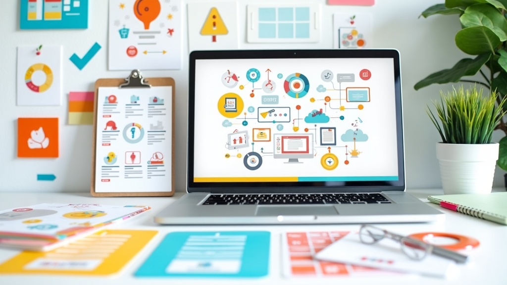 Colorful digital icons representing content marketing strategies, creation tools, and online workflows for beginners
